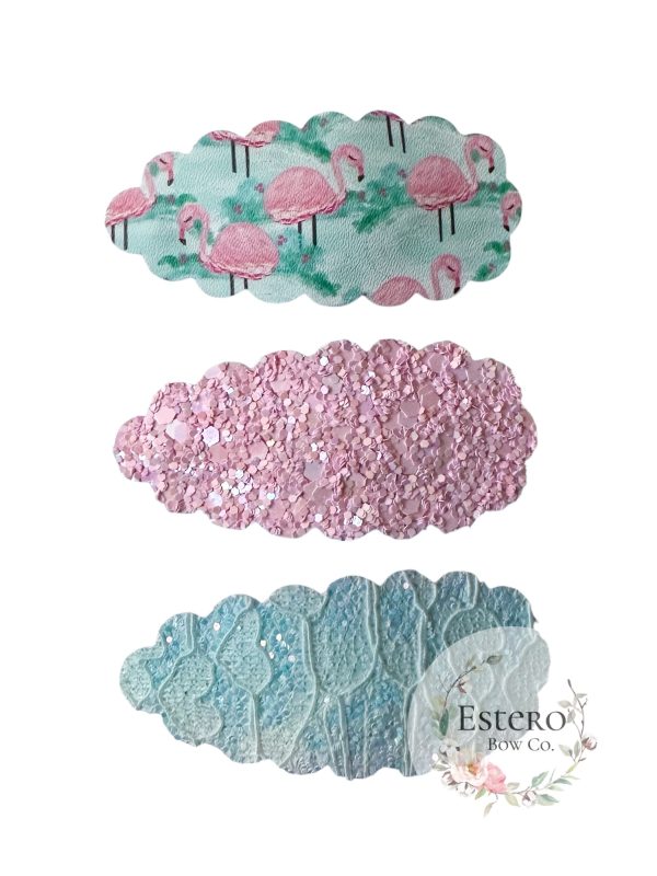 Flamingo Snap Clip Set of 3 - Pink Glitter, Blue Shimmer & Lace Hair Accessories