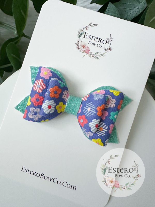 3.5” Bright Floral Vegan Leather Hair Bow - Spring Hair Bow