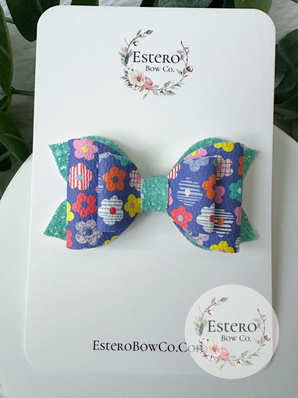 3.5” Bright Floral Vegan Leather Hair Bow - Spring Hair Bow - Image 2