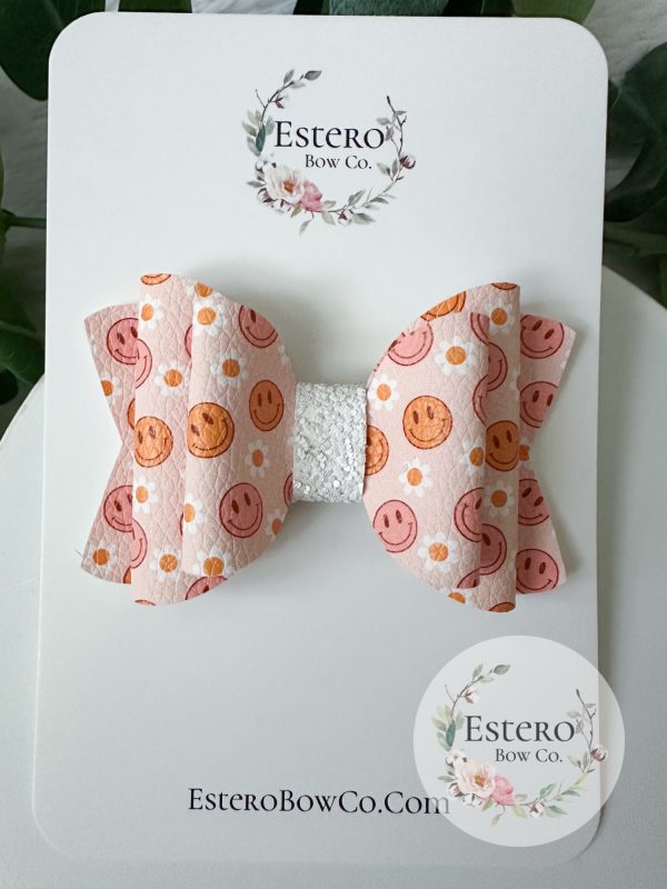 3.5” Smiley Face Vegan Leather Hair Bow - Image 2