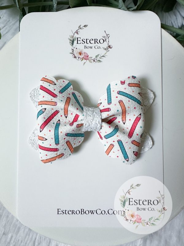 3.5” Pencils Vegan Leather Hair Bow - Back to School Hair Bow - Image 2