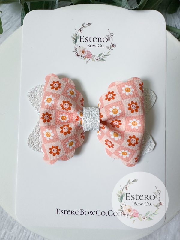 3.5” Neutral Floral Vegan Leather Hair Bow - Image 2