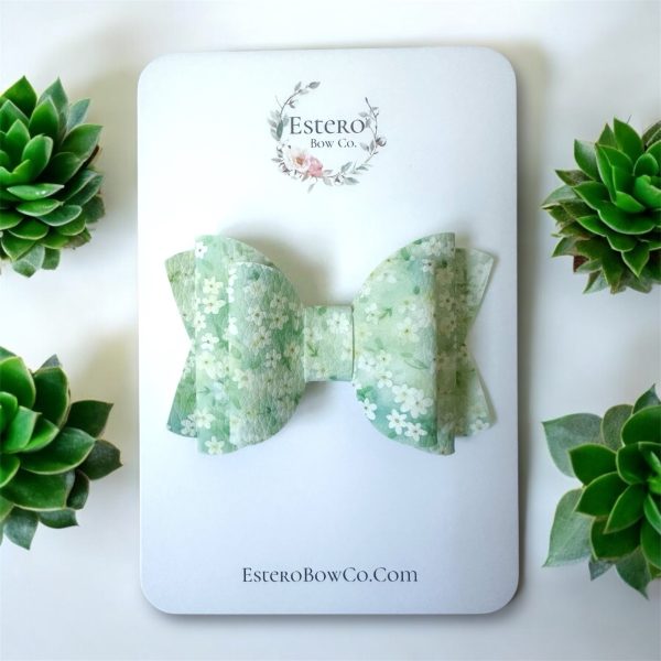 3.5” Vegan Leather Green and White Floral Hair Bow - Image 3
