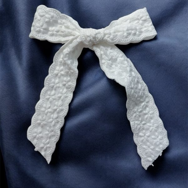 White Trim Lace Coquette Bow Hair Clip – 4” Cotton Blend Bow on Alligator Clip