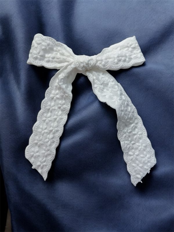 White Trim Lace Coquette Bow Hair Clip – 4” Cotton Blend Bow on Alligator Clip