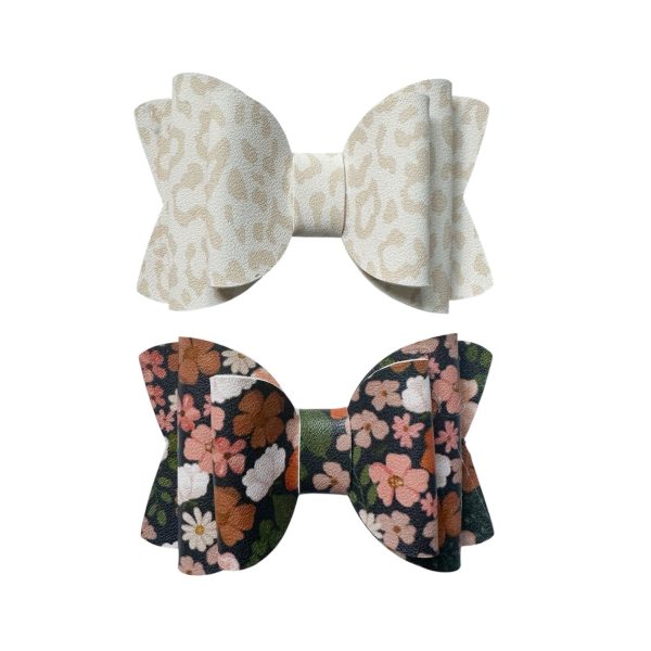 Fall Vegan Leather Hair Bow Set – Leopard & Floral Print